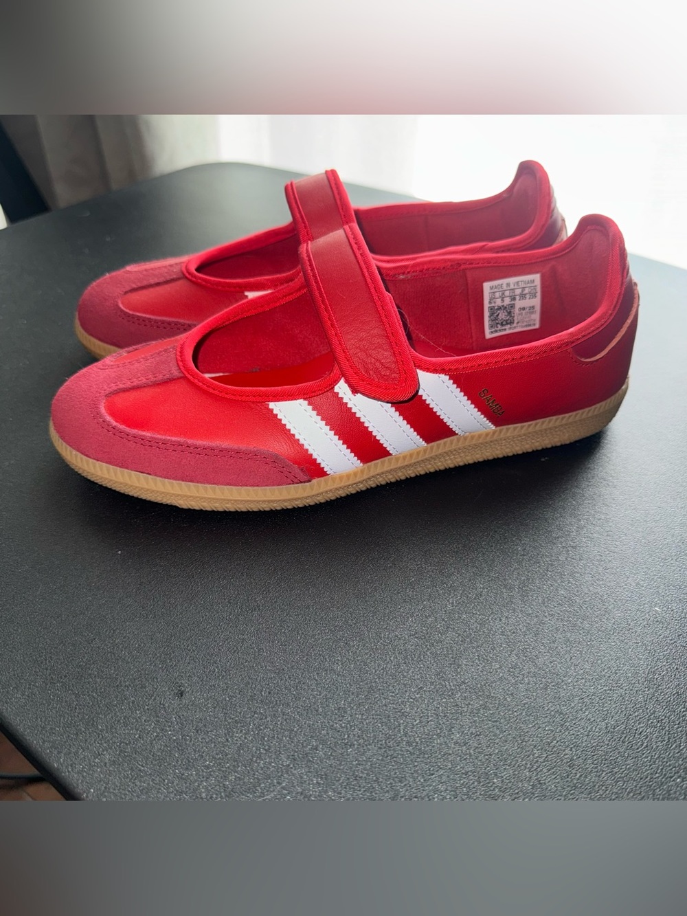 Adidas 6.5 Red Samba Mary Jane Sneakers with White Stripes
